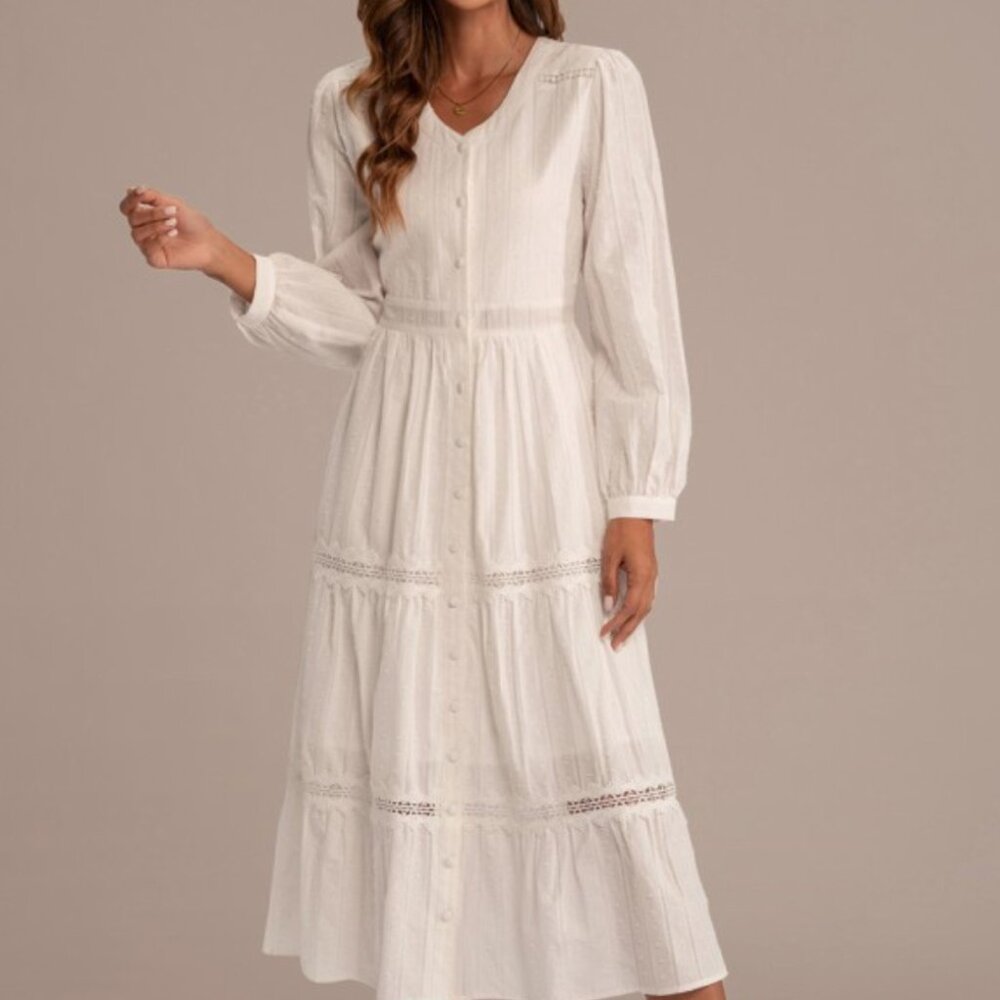 White Long Sleeve V Neck Crochet Lace Tiered Cotton Midi Dress